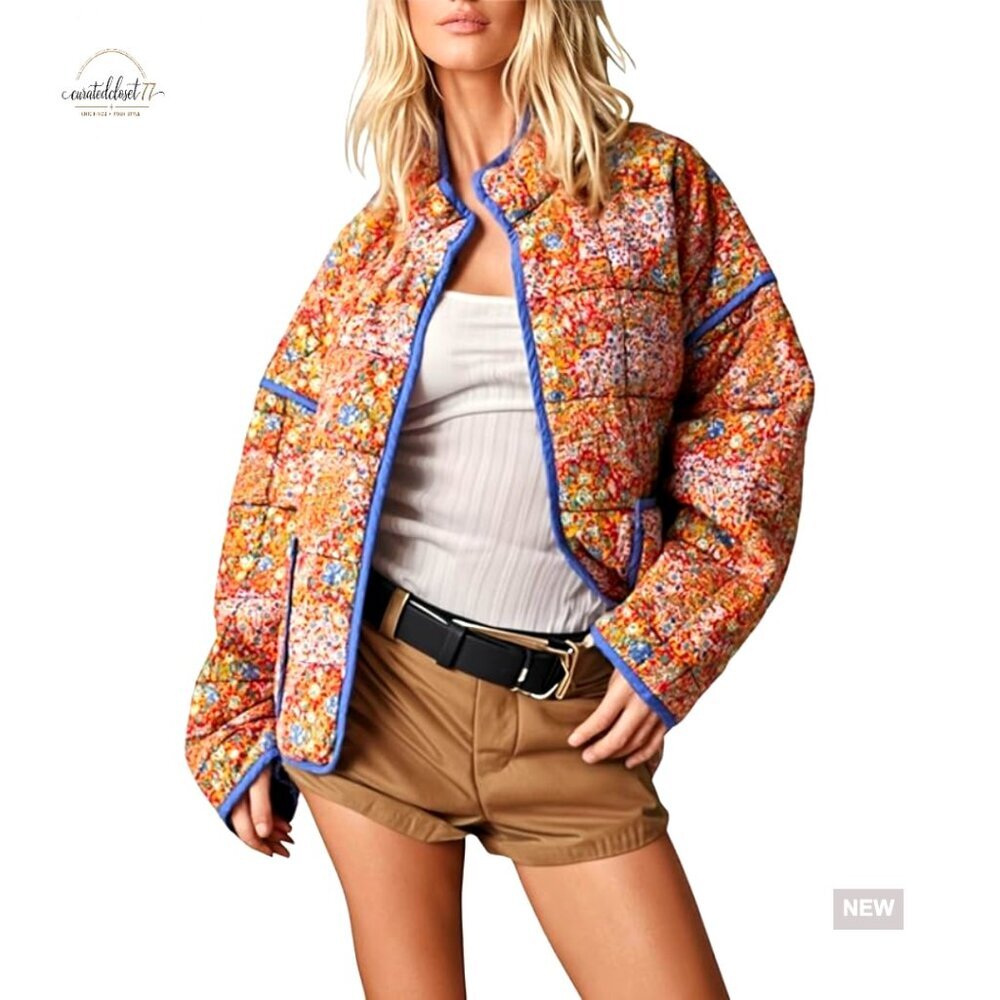 Cropped Quilted Puffer Jacket Cardigan Lightweight Floral Print Open Front